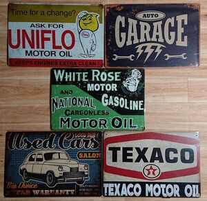 ブリキ看板 5枚 ☆　モーターオイル　MOTOROIL　ガレージ　TEXACO　中古車 UNIFLO　アメ車　壁飾り：アメリカン雑貨☆