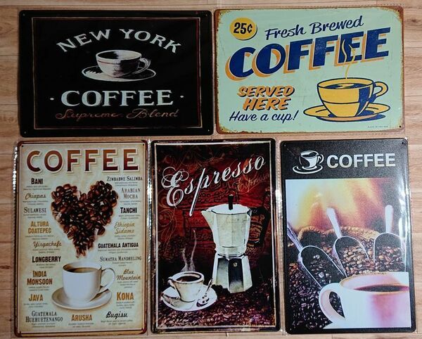  ブリキ看板 5枚☆ コーヒー　COFFEE　珈琲　エスプレッソ　コーヒー豆　喫茶店　壁飾り :アメリカン雑貨 ☆