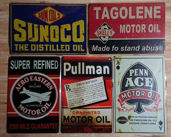 ブリキ看板 5枚 ☆　モーターオイル　MOTOROIL　SUNOCO　TAGOLENE　SUPER REFINED　PULLMAN　壁飾り：アメリカン雑貨☆