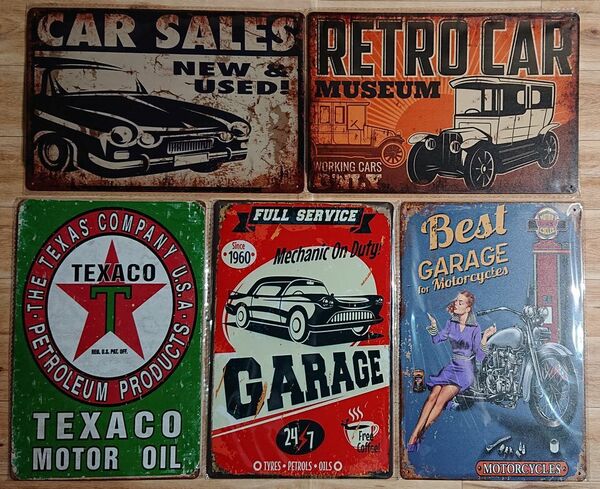 ブリキ看板 5枚　歪曲　☆ ガレージ　美女　GARAGE　モーターサイクル　アメ車　TEXACO　RETRO CAR MUSEUM　壁飾り :アメリカン雑貨☆