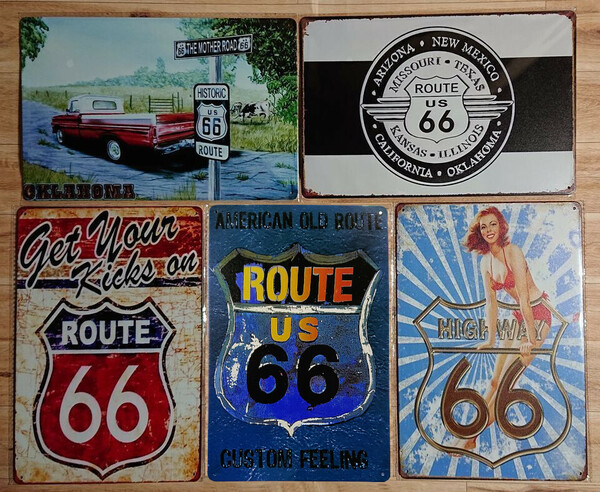 ブリキ看板 5枚 ☆ ルート66　ROUTE66　美女　アメ車　GET YOUR KICKS　ナンバープレート　壁飾り:アメリカン雑貨☆