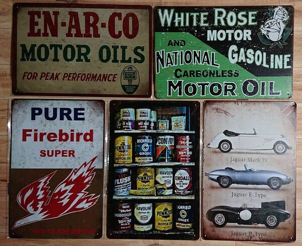 ブリキ看板 5枚☆ モーターオイル　MOTR OIL　オイル缶　WHITE ROSE　EN-AR-CO　オープンカー　壁飾り壁飾り :アメリカン雑貨☆