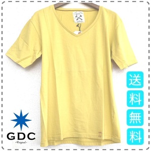 GDC ジーディーシー 日本製 綿100% コットン 半袖VネックTシャツ 薄手 男女兼用 ユニセックス メンズMサイズ 黄 送料無料 A427