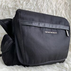 [ редкий модель ]EMPORIO ARMANI Emporio Armani корпус задний сумка на плечо mesenja- задний Logo парусина кожа чёрный 