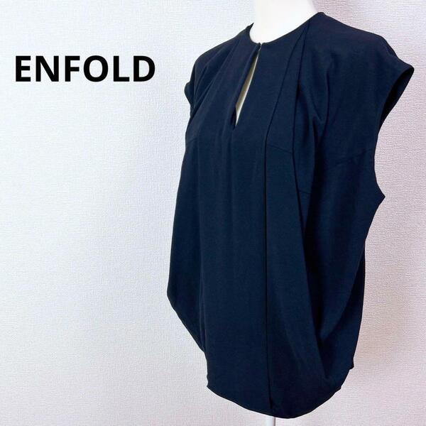 【美品】ENFOLD エンフォルド＊フレンチスリーブ タック ドレープ プルオーバー スリットネック ネイビー 38 M 薄手 春夏 レディース