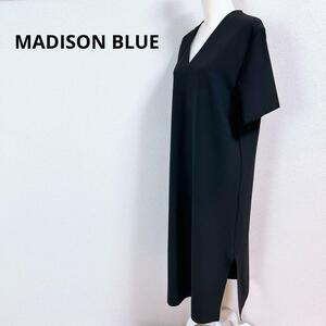 【美品】MADISON BLUE マディソンブルー＊裾サイドスリット Vネック ロング ワンピース 黒 ブラック １ 半袖 ストレート レイヤード