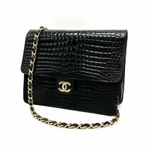 良品 CHANEL シャネル ココマークプッシュロック クロコ ダイル チェーン ショルダー バッグ dD04121N_画像1