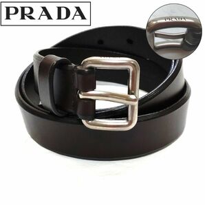 美品 PRADA ベルト レザー シルバー金具 本革 メンズ レディース オールレザー ブラウン 茶色 無地 高級 ビジネス 大人