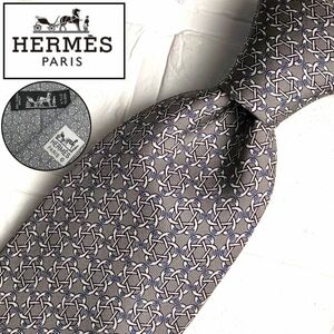 美品 HERMES エルメス ネクタイ シルク SILK 総柄 シルバー ホース H ビジネス メンズ スーツ カジュアル 灰色