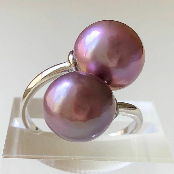 本真珠　エジソンパール　メタリック紫　2粒パールリング　天然淡水パール　真珠指輪s925