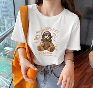 【新品未着用】Tシャツ　くま　体型カバー　韓国　春　夏　白　ストリート 半袖Tシャツ プリントTシャツ