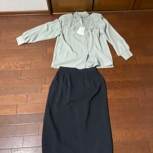 【9号】新品受付嬢、秘書制服グリーンブラウス、黒のロングスカート