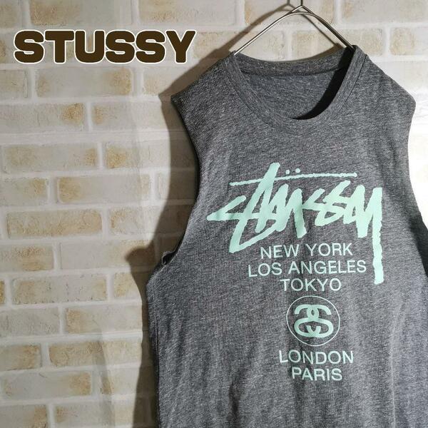 STUSSY ステューシー タンクトップ ノースリーブ ワールドツアー グレー