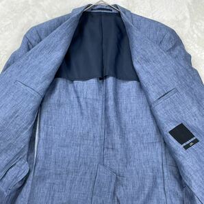 【羽織るだけで爽やかさアップ】 美品 サイズＬ相当 リネン100％ H&M スリムフィット テーラードジャケット US40 ブルー ブレザー 春夏の画像3