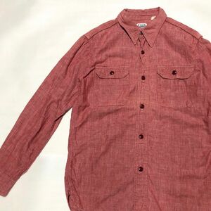 【美品】FLAT HEAD フラットヘッド カラーデニムシャツ 日本製 36 赤 ワークシャツ 長袖 90s UNION MADE