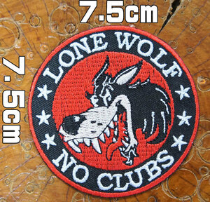 刺繍アイロン バイカーワッペン【LONE WOLF NO CLUBS/ローンウルフ ノークラブ】アメカジ オオカミ 狼 アニマル アップリケ パッチ