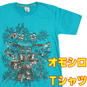 森の音楽隊【M】おもしろＴシャツ （半袖）水色 小鳥 バンドT イラストＴシャツ プリントＴシャツ メンズ 男性