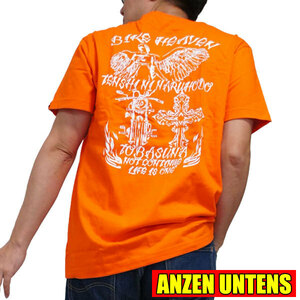 【バイクヘブン オレンジ】【L】アメカジ バイカー Tシャツ ANZEN UNTENS アンゼンウンテンズ 半袖 メンズ 綿100% バックプリント 安全運転