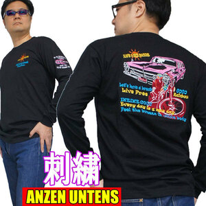 【クラシックカーとアメリカンバイク 黒 L】刺繍 バイカーTシャツ・ANZEN UNTENS・アンゼンウンテンズ(長袖Tシャツ)メンズ アメカジ
