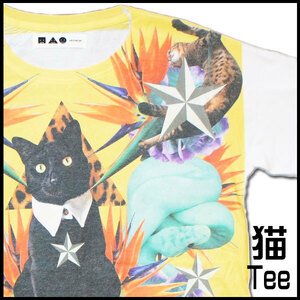 【M】ねこプリント 猫Tシャツ【黒猫 南国ジェントルマン】半袖 メンズ 猫 tシャツ ネコtシャツ ねこtシャツ プリントＴシャツ 猫柄