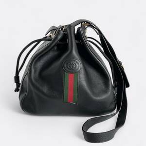 グッチ GUCCI ショルダーバッグ ブラック レザー シェリー 巾着 ヴィンテージ オールドグッチ オールド シェリーライン バケットバッグ 黒