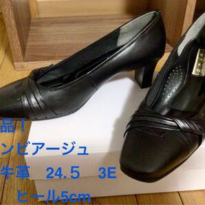 美品　牛革パンプス　黒　クッションインソール　幅広　3E 24.5 ヒール5cm