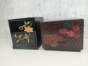 【小引き出し 2点セット 会津塗り 鎌倉彫 手描本金蒔絵】鉄仙 春峰 漆器 木製 伝統工芸 美術 2段 インテリア 小物入れ アンティーク 和風