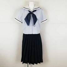 1円 セーラー服 スカート スカーフ 上下3点セット 夏物 青1本線 女子 学生服 熊本水俣第一中学 水色 制服 中古 ランクC NA2236_画像1