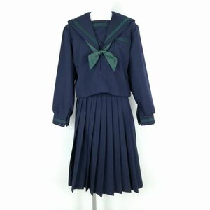 1円 セーラー服 スカート スカーフ 上下3点セット 冬物 緑3本線 女子 学生服 中学 高校 紺 制服 中古 ランクB NA1950