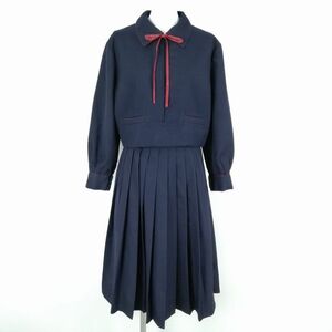 1円 ジャケット スカート 紐タイ 上下3点セット 大きいサイズ 特大 冬物 女子 学生服 中学 高校 紺 制服 中古 ランクC NA1731