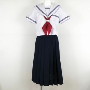 1円 セーラー服 スカート スカーフ 上下3点セット 夏物 青3本線 女子 学生服 中学 高校 白 制服 中古 ランクB NA1637