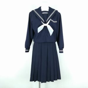 1円 セーラー服 スカート スカーフ 上下3点セット 大きいサイズ 冬物 グレー3本線 女子 学生服 中学 高校 紺 制服 中古 ランクC NA2033