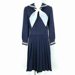 1円 セーラー服 スカート スカーフ 上下3点セット 冬物 白2本線 女子 学生服 中学 高校 紺 制服 中古 ランクC NA1990