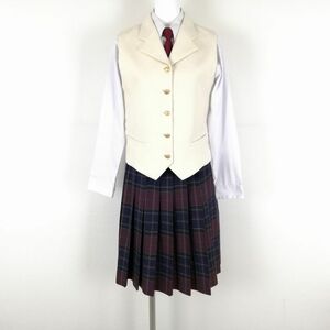 1円 ベスト チェックスカート ネクタイ 上下4点セット カンコー 冬物 女子 学生服 神奈川聖セシリア女子中学高校 白中古 ランクC NA2523