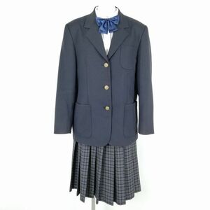 1円 ブレザー チェックスカート リボン 上下4点セット 大きいサイズ 特大 富士ヨット 冬物 女子 学生服 中学 高校 紺 中古 ランクC NA2615