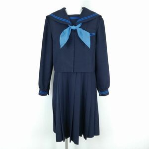 1円 セーラー服 ジャンパースカート スカーフ 上下3点セット 大きいサイズ 冬物 青2本線 女子 学生服 中学 高校 紺 中古 ランクC NA2680