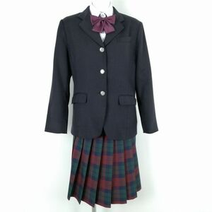 1円 ブレザー チェックスカート リボン 上下4点セット 大きいサイズ 冬物 女子 学生服 大分三重総合高校 紺 制服 中古 ランクC NA2708