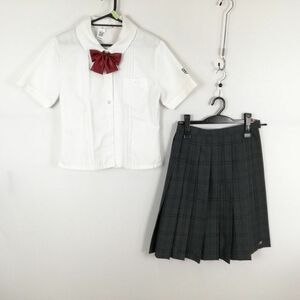 1円 ブラウス チェックスカート リボン 上下3点セット 170A 夏物 女子 学生服 鹿児島国分高校 白 制服 中古 ランク:C EY6089