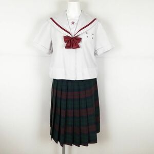 1円 セーラー服 チェックスカート リボン 上下3点セット カンコー 夏物 赤1本線 女子 学生服 長崎玖島中学 白 制服 中古 ランクC NA2835