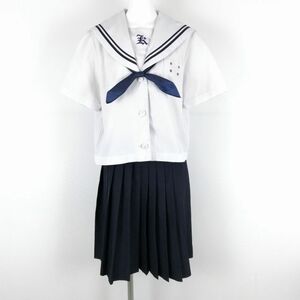 1円 セーラー服 スカート スカーフ 上下3点セット 大きいサイズ 夏物 青2本線 女子 学生服 長崎大村市立郡中学 白 中古 ランクC NA2428