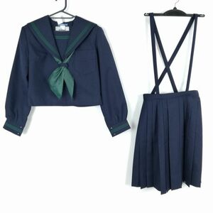 1円 セーラー服 スカート スカーフ 上下3点セット L 冬物 緑3本線 女子 学生服 中学 高校 紺 制服 中古 ランクB NA2161