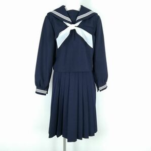 1円 セーラー服 スカート スカーフ 上下3点セット 大きいサイズ トンボ 冬物 白3本線 女子 神奈川伊勢原中学 紺 中古 ランクB NA2488の画像1