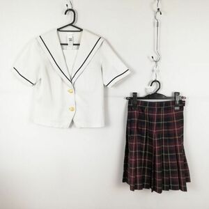 1円 セーラー服 チェックキュロット 上下2点セット 夏物 青1本線 女子 学生服 岡山芳泉高校 白 制服 中古 ランクC NA1827