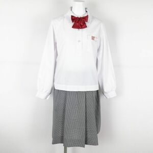 1円 ブラウス チェックスカート リボン 上下3点セット カンコー 中間服 女子 学生服 静岡沼津第三中学 白 制服 中古 ランクC NA2395