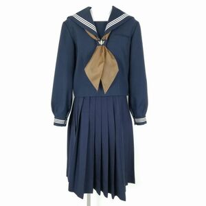 1円 セーラー服 スカート スカーフ 上下3点セット 165A 大きいサイズ 冬物 白3本線 女子 学生服 東京七生中学 紺 制服 中古 ランクC NA2276