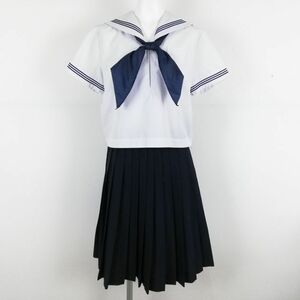 1円 セーラー服 スカート スカーフ 上下3点セット 夏物 青3本線 女子 学生服 中学 高校 白 制服 中古 ランクC NA2006