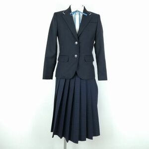 1円 ブレザー チェックスカート 紐タイ 上下4点セット 150A 冬物 女子 学生服 福岡市立中学標準服 紺 制服 中古 ランクC NA3379