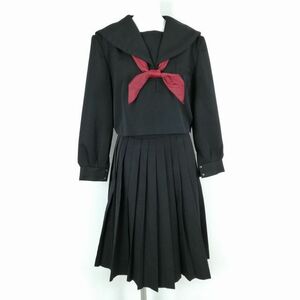 1円 セーラー服 スカート スカーフ 上下3点セット 大きいサイズ トンボ 冬物 黒3本線 女子 学生服 中学 高校 黒 制服 中古 ランクC NA2261