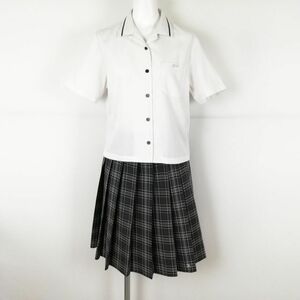 1円 ブラウス チェックスカート 上下2点セット M 富士ヨット 夏物 女子 学生服 岡山倉敷中央高校 白 制服 中古 ランクC NA1922