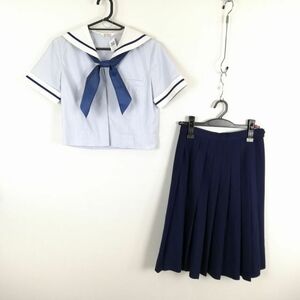 1円 セーラー服 スカート スカーフ 上下3点セット 夏物 青1本線 女子 学生服 熊本水俣第一中学 水色 制服 中古 ランク:C EY3497